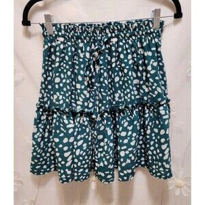 Women Small Dark Green Mini Skirt Dots Tierd Crinkle Retro Cottage Festival Boho